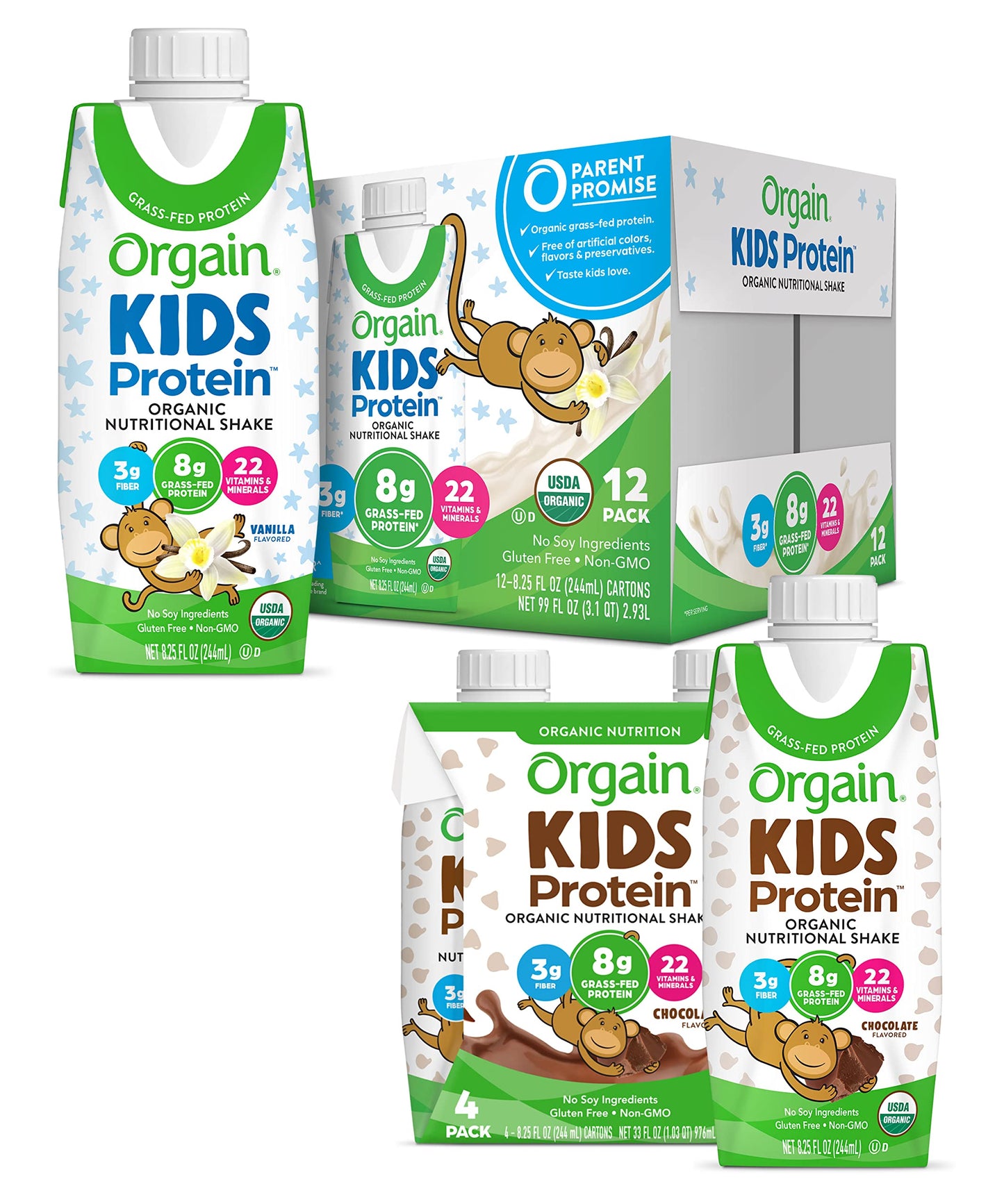 Orgain Organic Kids Protein Nutritional Shake, Vanilla + Chocolate, 8.25 Fl Oz (Pack of 4)
