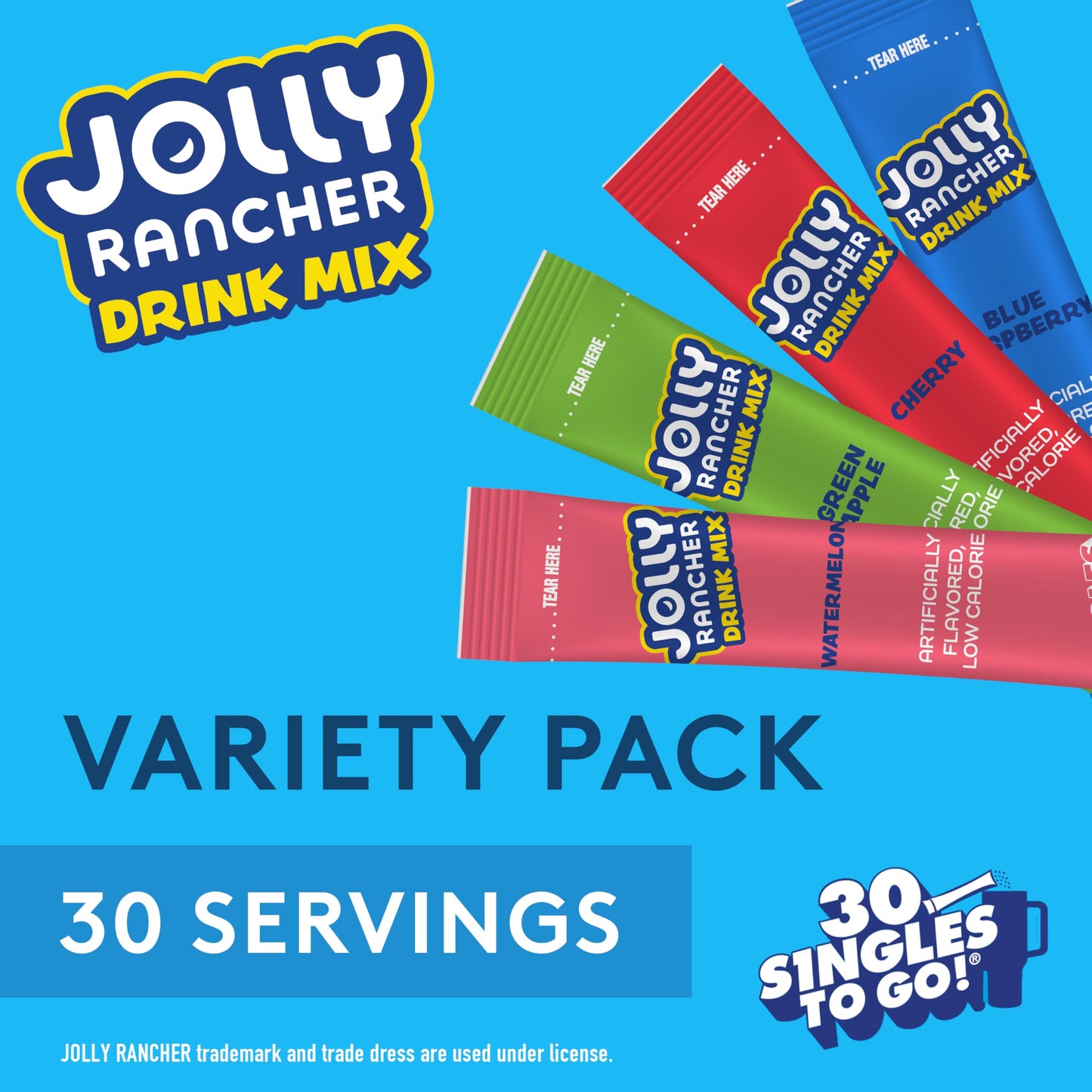 Jolly Rancher Singles To Go Variety Pack, Powdered Drink Mix, Zero Sugar, Low Calorie, Includes 4 Flavors: Green Apple, Blue Raspberry, Cherry, Watermelon, 1 Box (30 Single Servings)