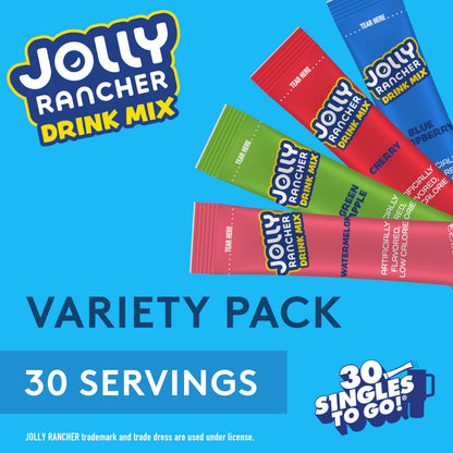 Jolly Rancher Singles To Go Variety Pack, Powdered Drink Mix, Zero Sugar, Low Calorie, Includes 4 Flavors: Green Apple, Blue Raspberry, Cherry, Watermelon, 1 Box (30 Single Servings)
