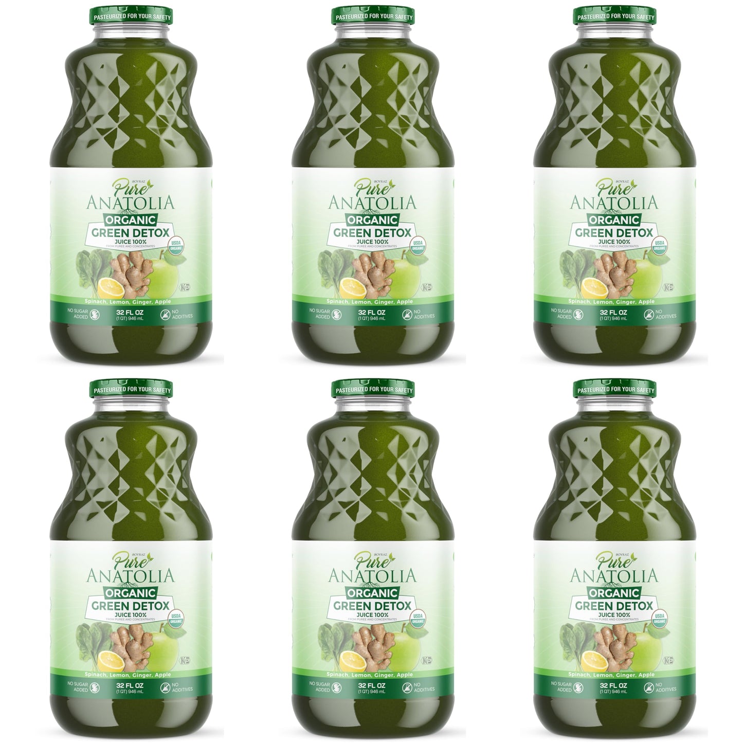 Organic Green Detox Juice by Pure Anatolia, Apple Spinach Lemon Ginger mix juice, USDA Organic Fruit and Vegetables Juice, Vegan, No added Sugar Pack of 6