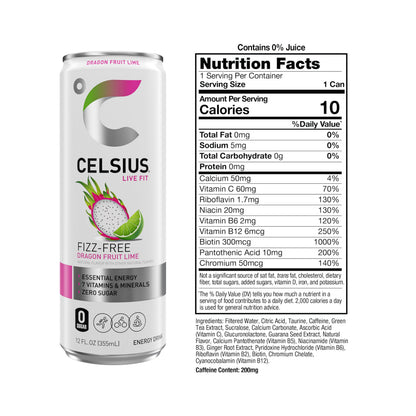 CELSIUS Fizz Free Dragon Fruit Lime, Sugar Free Energy Drink, 12 Fl Oz (Pack of 12)
