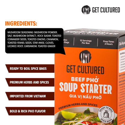 Get Cultured Box Beef Pho Soup Starter, Authentic Vietnamese Beef Broth Base with Curated Herbs & Spices – Make Fast, Flavorful and Authentic Pho at Home, 3.2 oz (10-12 Servings)