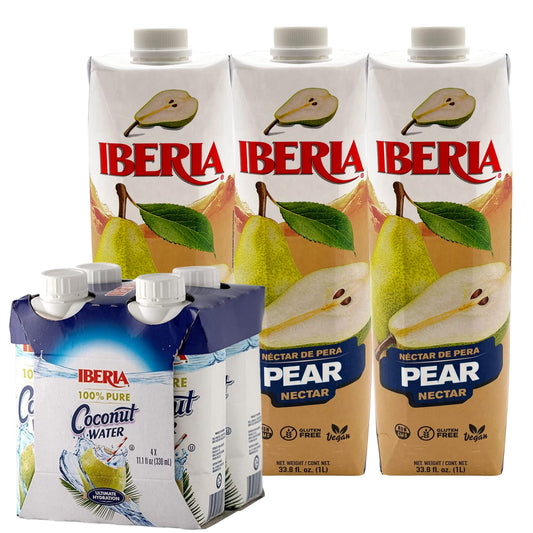 Iberia 100% Natural Coconut Water 11.1 Oz (Pack Of 4)+ Iberia Pear Nectar, 33.8 Fl Oz, Pack of 3