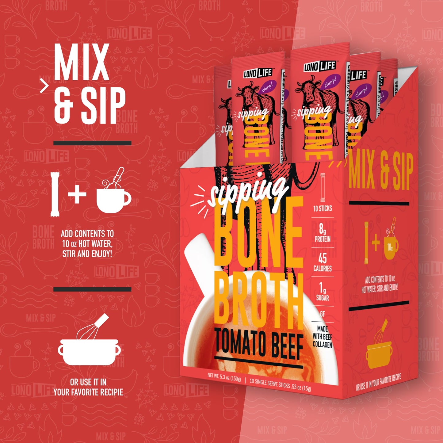 LonoLife Tomato Beef Bone Broth Powder Mix | Grass-Fed, 10g Protein | Collagen-Rich, Keto & Paleo Friendly | Natural Ingredients | 10 Portable Stick Pack Servings