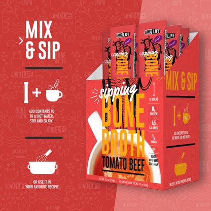 LonoLife Tomato Beef Bone Broth Powder Mix | Grass-Fed, 10g Protein | Collagen-Rich, Keto & Paleo Friendly | Natural Ingredients | 10 Portable Stick Pack Servings