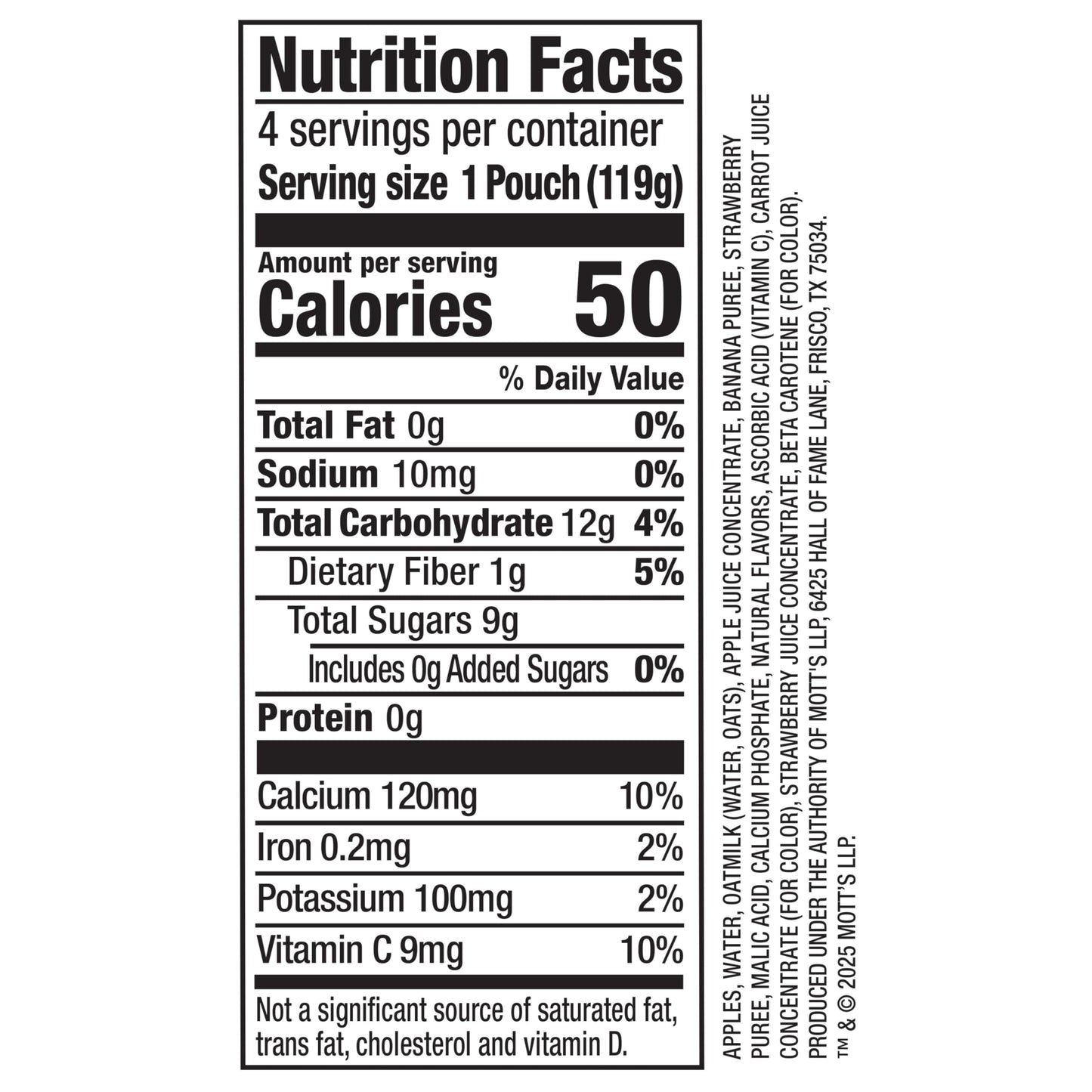 Mott’s Fruit Smoothies Strawberry Banana, 4.2 oz clear pouches, 4 Pack, Non-dairy, Made With Oatmilk, Made With Real Fruit, Good Source of Calcium, On-the-Go