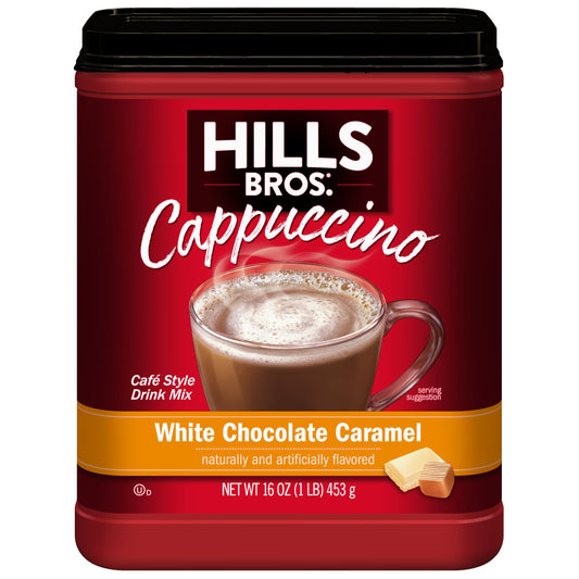 Hills Bros. Cappuccino Mix – Rich, Frothy Coffeehouse-Tasting Instant Drink Mix – Quick and Easy Preparation – Perfect for Hot & Iced Drinks & Creaming Coffee – White Chocolate Caramel, 1 Pack of 16oz