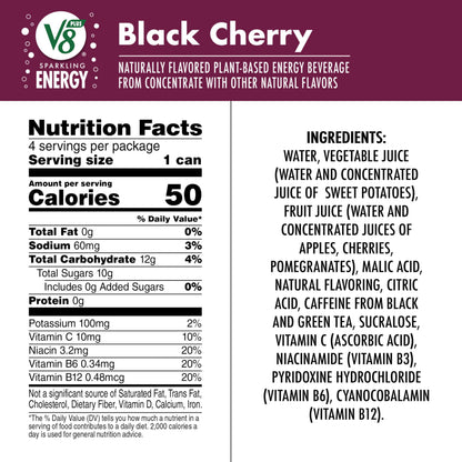 V8 +Energy Sparkling Black Cherry Juice Energy Drink, 11.5 fl oz Can (Pack of 8)
