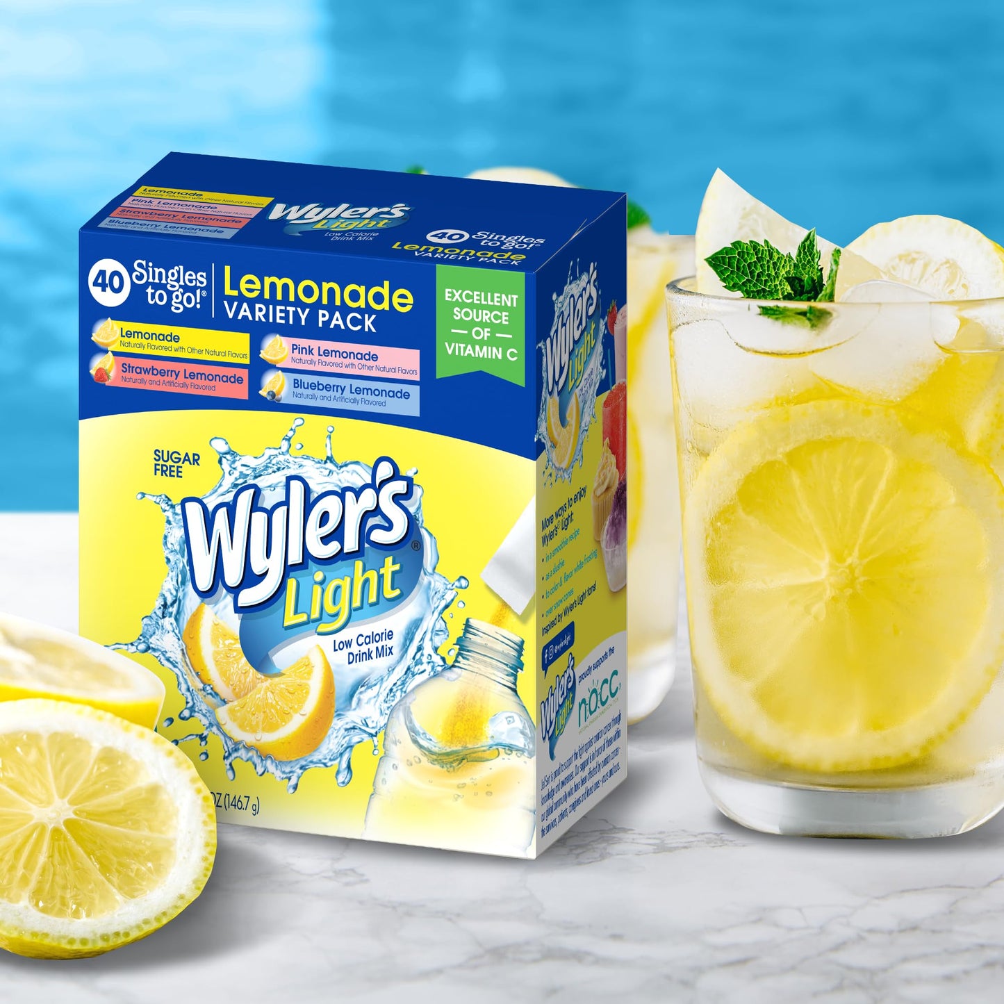 Wyler's Light Lemonade Variety Pack, 40 ct Singles to Go Powder Packets, Water Drink Mix, Variety Pack, Pink, Strawberry & Blueberry Lemonade, Sugar & Caffeine Free, On-The-Go,(Pack of 1)