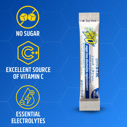 Sqwincher Zero Qwik Stik, Cool Citrus, Sugar Free, Low Calorie, Low Sodium Electrolyte Powder Hydration Drink Mix, .11 0z Packet (Pack of 50)
