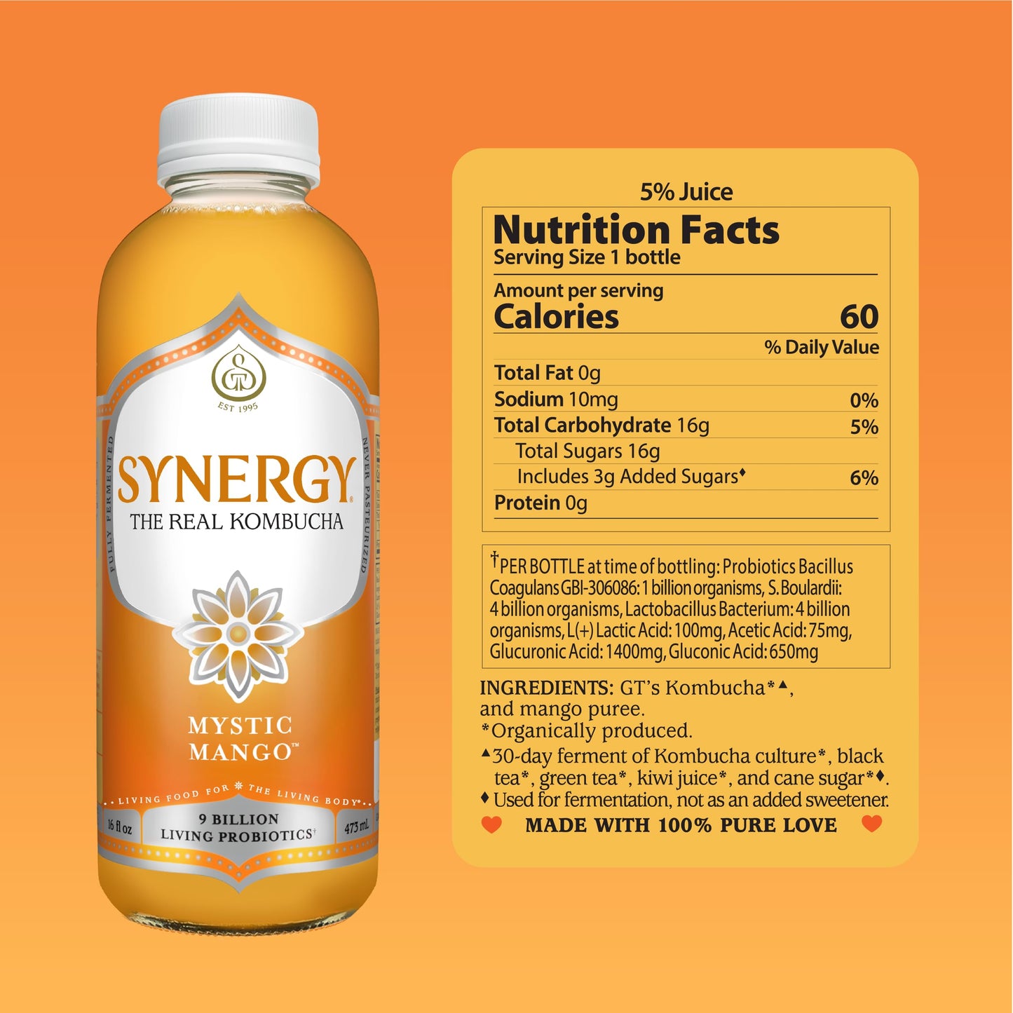 SYNERGY The Real Kombucha - Mystic Mango - 16 fl oz Bottle - Raw Probiotic Drink for Gut Health and Immune Support
