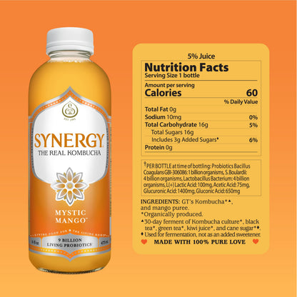 SYNERGY The Real Kombucha - Mystic Mango - 16 fl oz Bottle - Raw Probiotic Drink for Gut Health and Immune Support