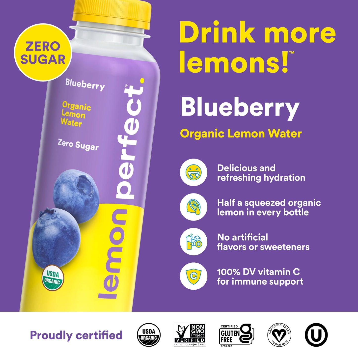 Lemon Perfect Blueberry, Hydrating Flavored Lemon Water, Zero Sugar, Delicious and Refreshing, Organic, 15.2 fl oz Bottle