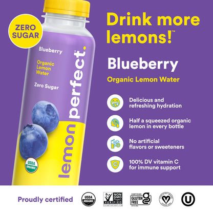 Lemon Perfect Blueberry, Hydrating Flavored Lemon Water, Zero Sugar, Delicious and Refreshing, Organic, 15.2 fl oz Bottle