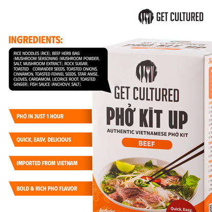 Get Cultured Box Beef Pho Kit – Authentic Vietnamese Pho Broth Base With Spice Bag, Rice Noodles, Fish Sauce Seasoning & Condiments – Flavorful & Authentic Pho at Home, 8.9 oz (3 Servings)