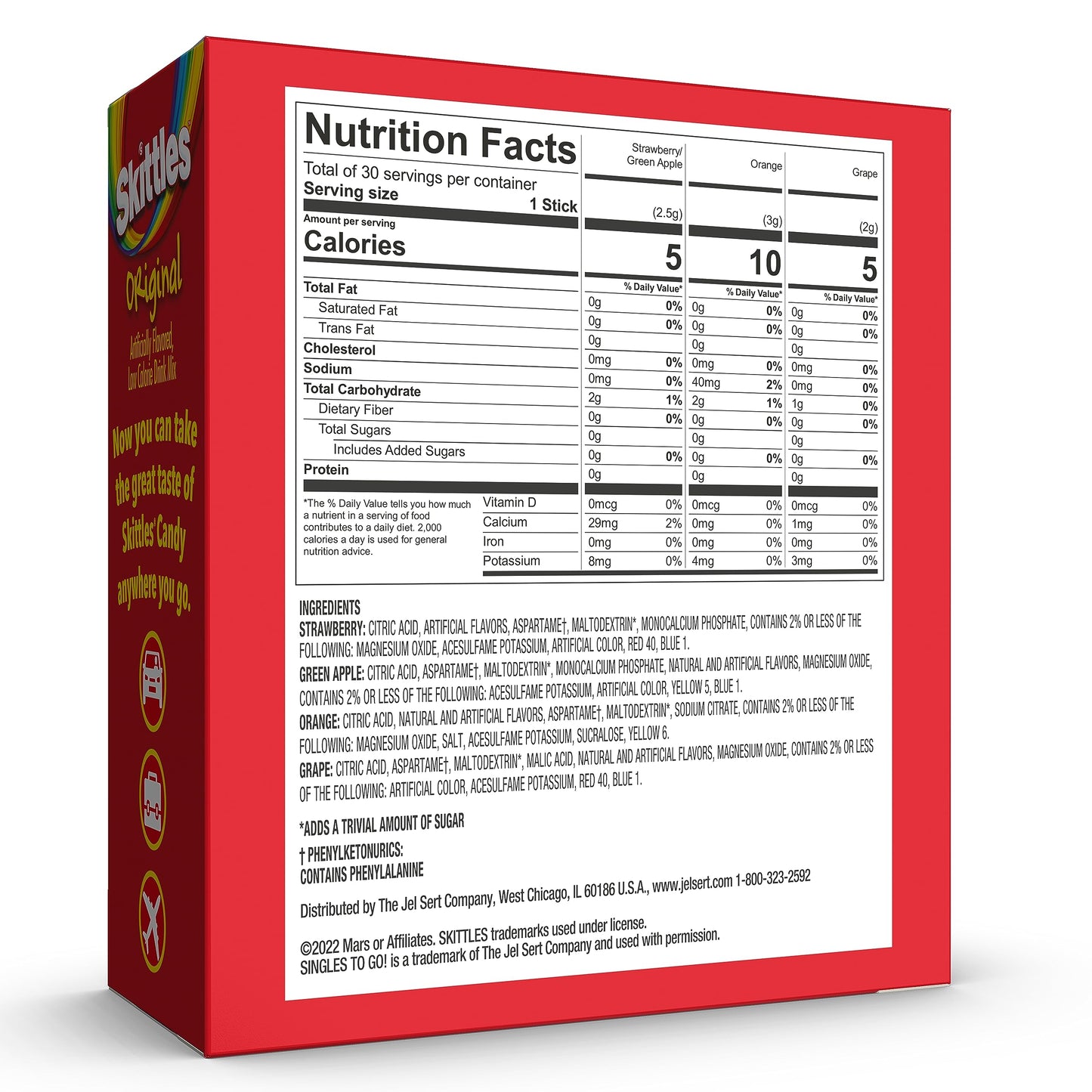 SINGLES TO GO! Skittles Variety Pack, Watertok Powdered Drink Mix, Zero Sugar, Low Calorie, Includes 4 Flavors: Green Apple, Strawberry, Grape, Orange, 1 Box (30 Single Servings)