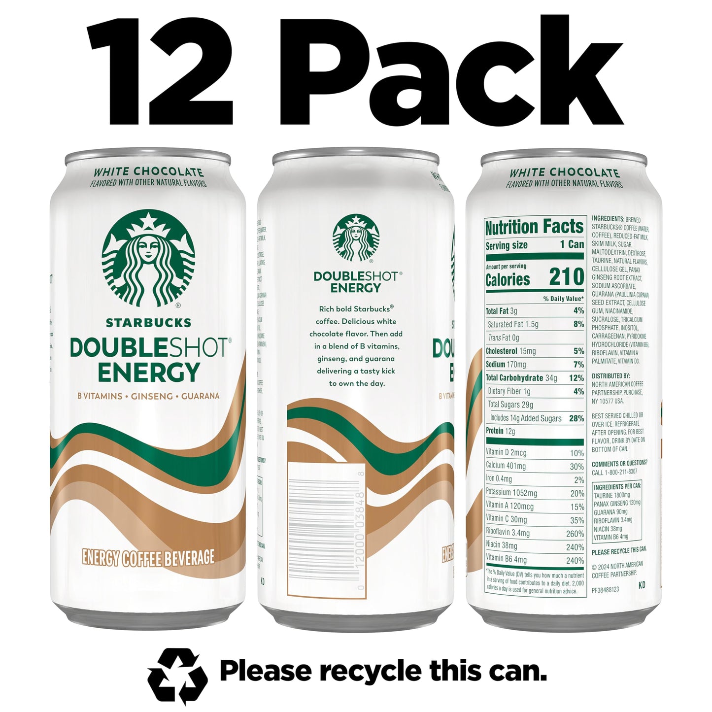 Starbucks Doubleshot Energy Drink Coffee Beverage,White Chocolate,Iced Coffee,15 fl oz Cans,(Pack of 24)