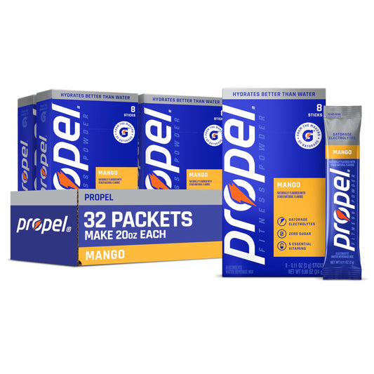 Propel Electrolyte Powder Drink Mix, Mango, (32 Servings), Zero Sugar, Enhanced Water Beverage, Gatorade Electrolytes, Vitamins, No Added Colors, No Artificial Flavors, Hydration