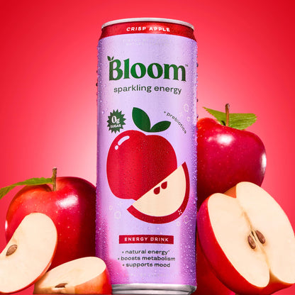 Bloom Nutrition Sparkling Energy Drink - Natural Caffeine, Zero Sugar, 180mg Caffeine - Antioxidant-Rich with Green Coffee Bean, Green Tea Extract, Prebiotics - Crisp Apple - 12oz 12 Pack