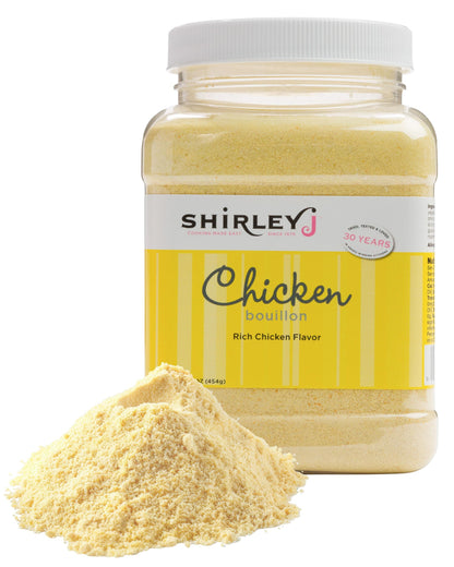 Shirley J Rich Chicken Bouillon Powder, Multi-Use Soup Base & Lower Sodium Bouillon – Replaces 30+ Cartons of Broth, Easy-Dissolve Instant Seasoning for Soups, Gravies, Rice, and Roasting – 1lb Jar