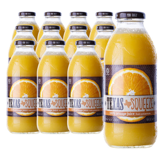 Texas Squeeze Orange Juice, NON GMO Verified, Texas Grown and Bottled, Orange Juice from Concentrate, No Sugar Added, No Preservatives, 16 fl oz, Pack of 12
