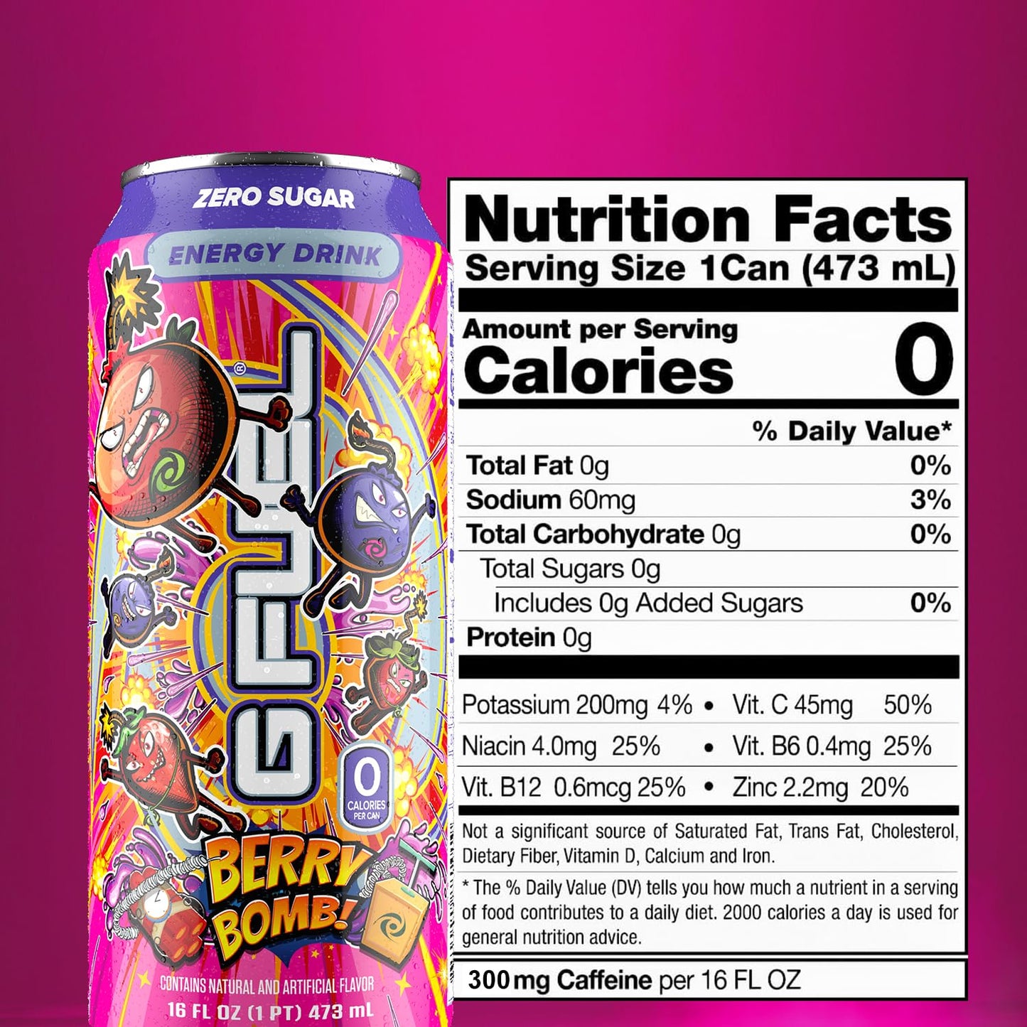 G Fuel Energy Drink, Berry Bomb, Sugar Free Carbonated Beverage with 300mg Caffeine, Daily Energy Boost with Focus Amino, Vitamin + Antioxidants, 16 oz Cans (Berry Bomb, 12-Pack)