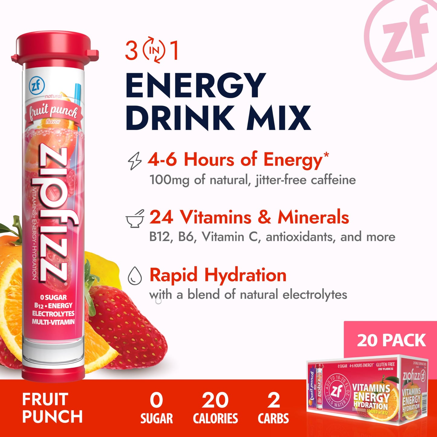 Zipfizz Daily Energy Drink Powder, Fruit Punch, 20 Pack 3-in-1 Sustained Energy, Rapid Hydration, and Essential Vitamins Sugar-Free Electrolyte Powder Contains Vitamin B-12 & Antioxidants