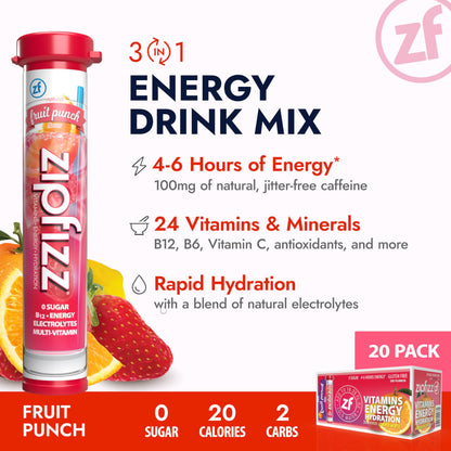 Zipfizz Daily Energy Drink Powder, Fruit Punch, 20 Pack 3-in-1 Sustained Energy, Rapid Hydration, and Essential Vitamins Sugar-Free Electrolyte Powder Contains Vitamin B-12 & Antioxidants