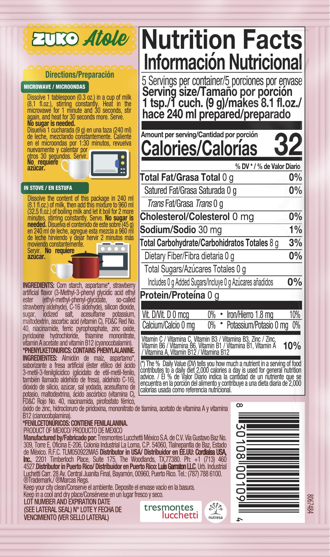 Zuko Atole Strawberry Instant Corn Starch Mix | Fortified with Vitamins | Just Add Hot Water | Microwaveable In Only 2 Minutes | 1.6 Ounce (Pack of 24)