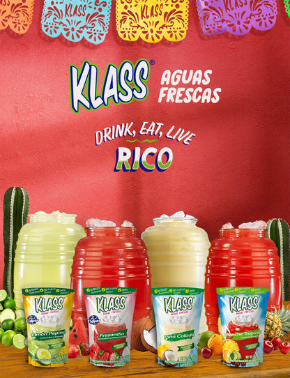 Klass Aguas Frescas Drink Mix Variety Pack - Pina Colada, Cucumber Limeade, Tropical Punch & Strawberry Watermelon - Powder Drink Mix, Water Drink Mix with Natural Flavors & Vitamin C, Makes 28 to 36 Quarts (56 to 72 Drinks)