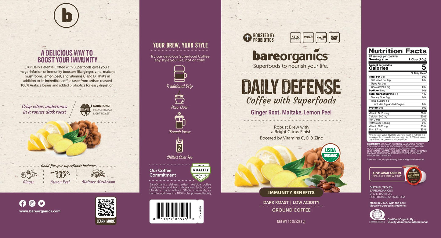 Daily Defense Organic Ground Bagged Coffee – Coffee with Maitake, Ginger Root, Lemon Peel & Superfoods – Healthy Mold Free Probiotic beverage, Vegan, Gluten Free - 10 oz