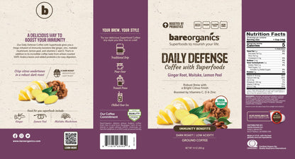 Daily Defense Organic Ground Bagged Coffee – Coffee with Maitake, Ginger Root, Lemon Peel & Superfoods – Healthy Mold Free Probiotic beverage, Vegan, Gluten Free - 10 oz