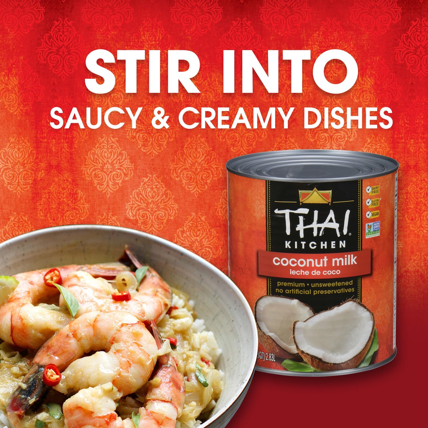 Thai Kitchen Coconut Milk, 96 fl oz (Pack of 6) - Six 96 Fluid Ounce Containers of Unsweetened, Premium Dairy Free Coconut Milk Perfect for Vegan Curries, Sauces, Soups, Desserts, and Beverages