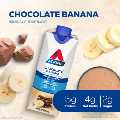 Atkins Protein Shake Bundle: Chocolate Banana, 15g Protein, 12 Count + Café au Lait Iced Coffee, 15g Protein, 4 Count (Pack of 3)