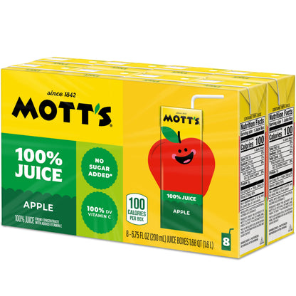 Mott's 100% Original Apple Juice, 6.75 Fl Oz Boxes, 32 Count (4 Packs Of 8), 2 Servings Of Fruit, 100% Fruit Juice, Gluten-free, Caffeine-free, Kosher, Contains No Artificial Colors Or Sweeteners