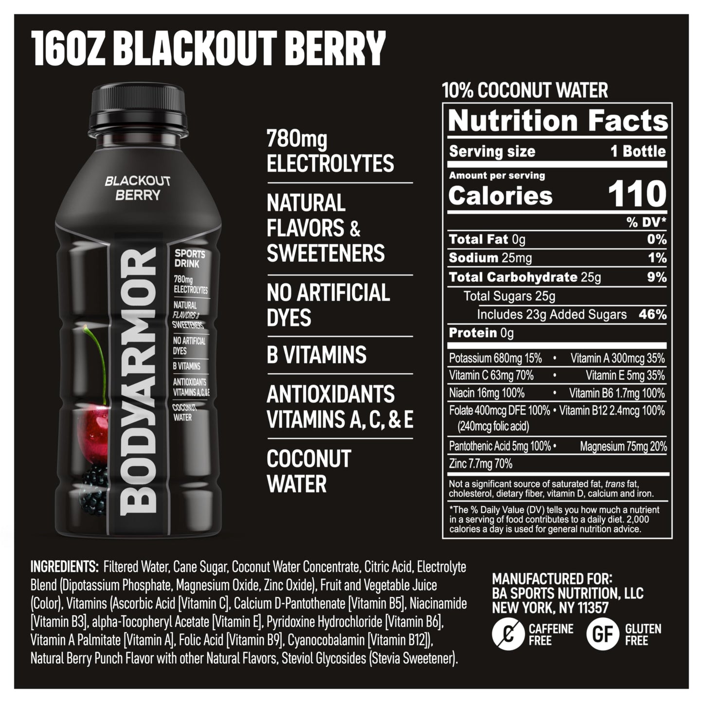 BODYARMOR Sports Drink Sports Beverage, Blackout Berry, Coconut Water Hydration, Natural Flavors With Vitamins, Potassium-Packed Electrolytes, Perfect For Athletes, 16 Fl Oz (Pack of 12)