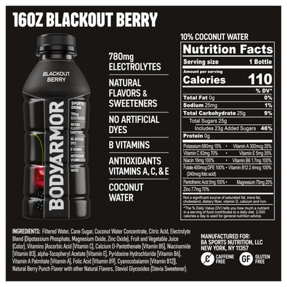 BODYARMOR Sports Drink Sports Beverage, Blackout Berry, Coconut Water Hydration, Natural Flavors With Vitamins, Potassium-Packed Electrolytes, Perfect For Athletes, 16 Fl Oz (Pack of 12)