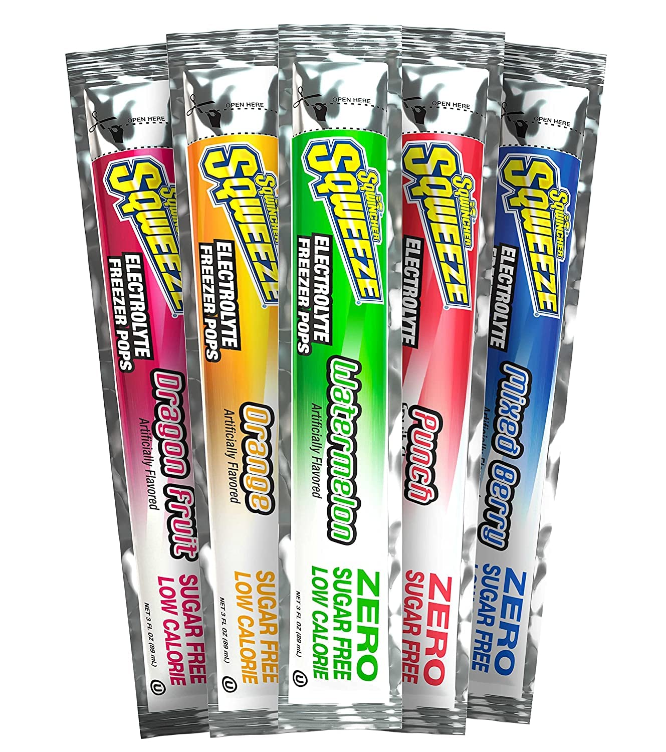 Sqwincher Sqweeze Electrolyte Freezer Pops, Zero Sugar, Assorted Flavors, 5 bags of 10, (50 Total Freezer Pops) and Sqwincher Zero Qwik Stik Sugar Free, Fruit Punch, .11 0z (Pack of 50)