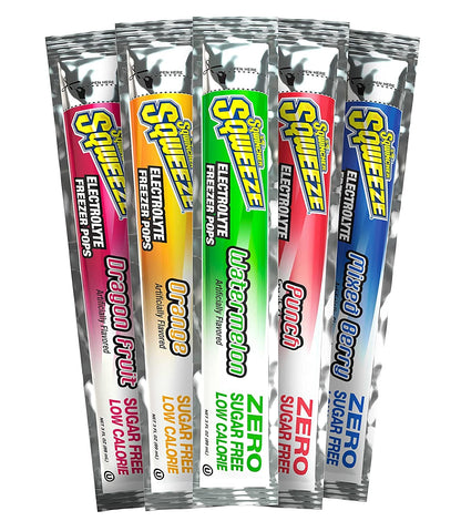 Sqwincher Sqweeze Electrolyte Freezer Pops, Zero Sugar, Assorted Flavors, 5 bags of 10, (50 Total Freezer Pops) and Sqwincher Zero Qwik Stik Sugar Free, Fruit Punch, .11 0z (Pack of 50)