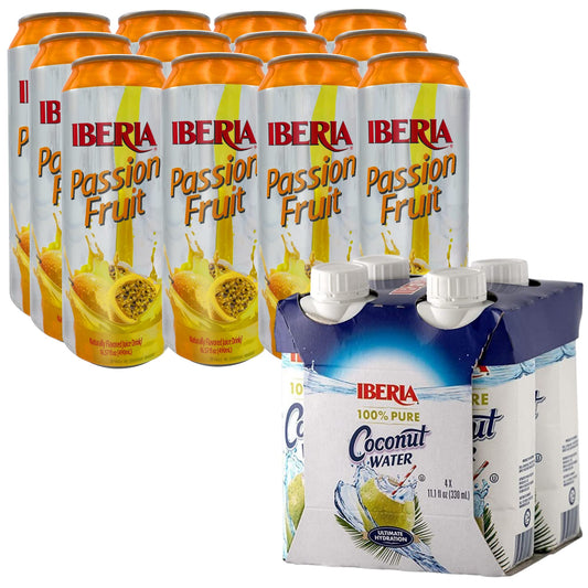 Iberia Passion Fruit Juice Drink, 16.57 Fl Oz (Pack of 12) + Iberia 100% Natural Coconut Water 11.1 Oz (Pack Of 4)