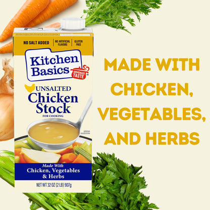 Kitchen Basics Unsalted Chicken Stock, 32 oz. Carton (Pack of 12) Add Delicious Flavor to Chicken Noodle Soup, Broths and Gravy, Perfect for Stocking Up