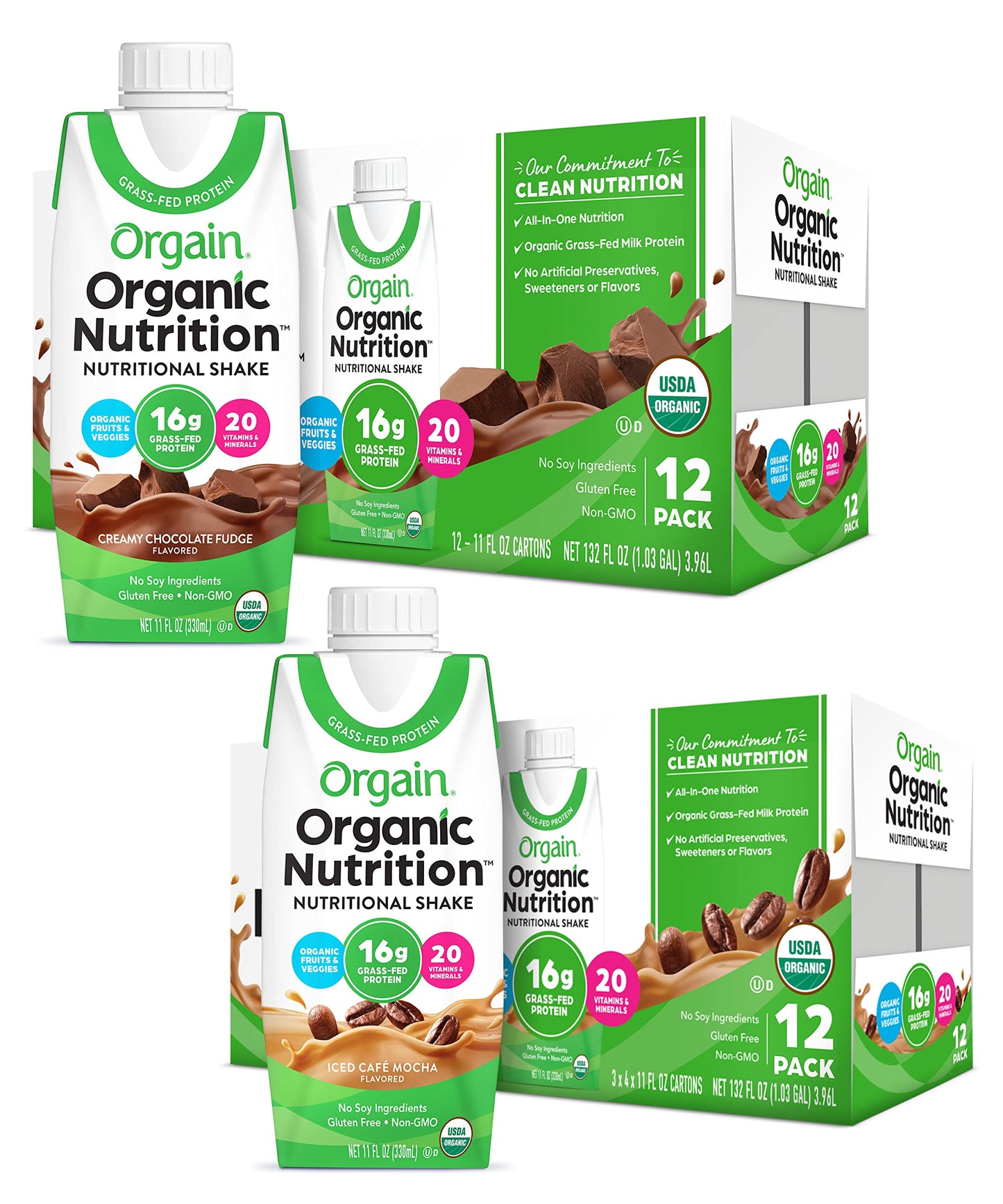 Orgain Organic Nutritional Shake, Creamy Chocolate Fudge + Iced Cafe Mocha, 11 Fl Oz (Pack of 12)