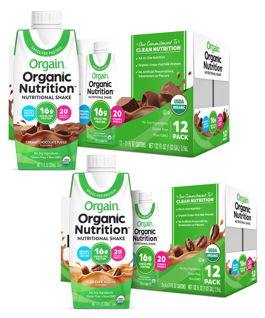 Orgain Organic Nutritional Shake, Creamy Chocolate Fudge + Iced Cafe Mocha, 11 Fl Oz (Pack of 12)