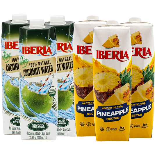 Iberia 100% Pure Organic Coconut Water, 1 Liter, 33.8 Fl Oz (Pack of 3) + Iberia Pineapple Nectar, 33.8 Fl Oz, (Pack of 3)