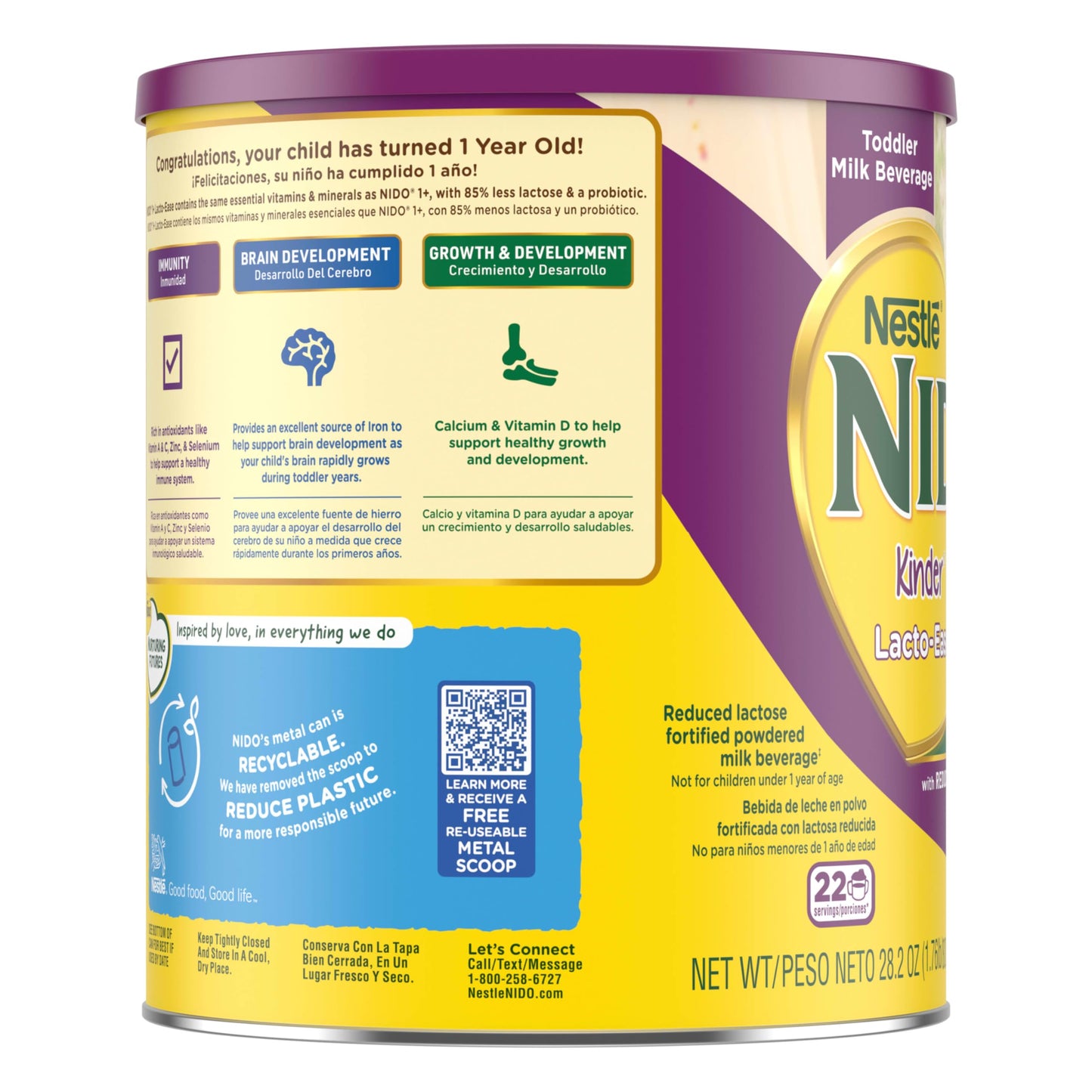 Nestlé NIDO Lacto-Ease Toddler Milk Beverage Powder Mix, Reduced Lactose, Toddler Nutritional Drink, Powdered Milk for Toddlers, 22 Servings per Container, 28.2 OZ, Pack of 1