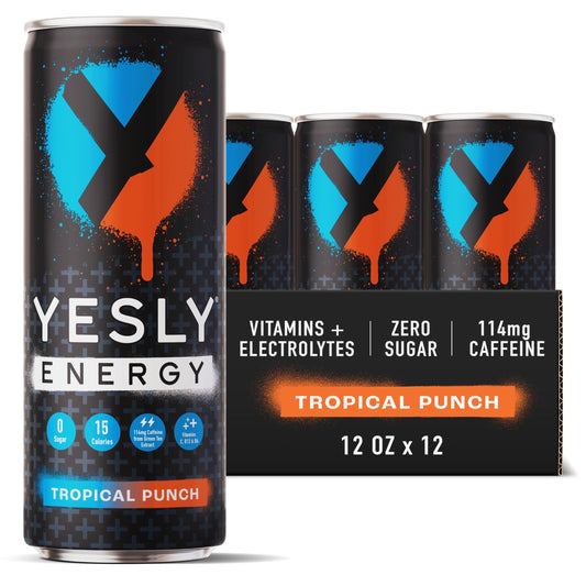 Yesly Energy Drink, Tropical Punch, Naturally Flavored Sparkling Energy Drink With Electrolytes, Magnesium, Potassium, Vitamin C, B6 & B12, Natural Caffeine From Green Tea, 12 Fl Oz Cans, 12 Pack