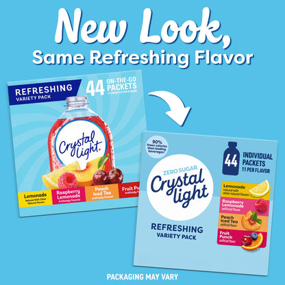 Crystal Light Refreshing Drink Mix Variety Pack, 44 Packets, for Convenient Hydration, Lemonade, Raspberry Lemonade, Peach Iced Tea, Fruit Punch, Natural and Artificial Flavor, Zero Sugar, 4.18 oz
