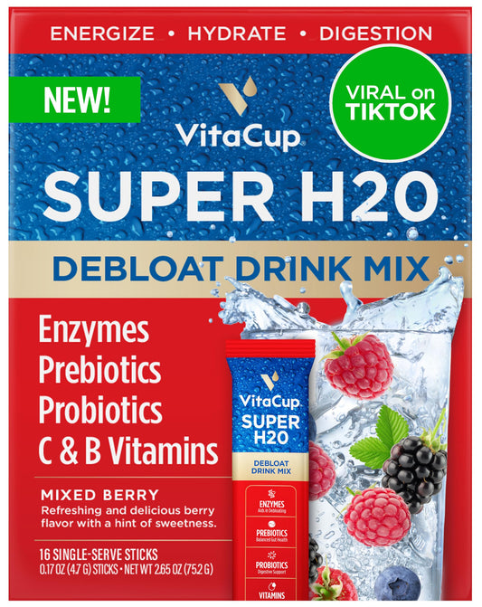 VitaCup Super H2O Bloating Relief and Digestive Health Drink Mix Packets, Probiotics, Prebiotics, C & B Vitamins, Mixed Berry Flavor Water Enhancer Packets, 16Ct
