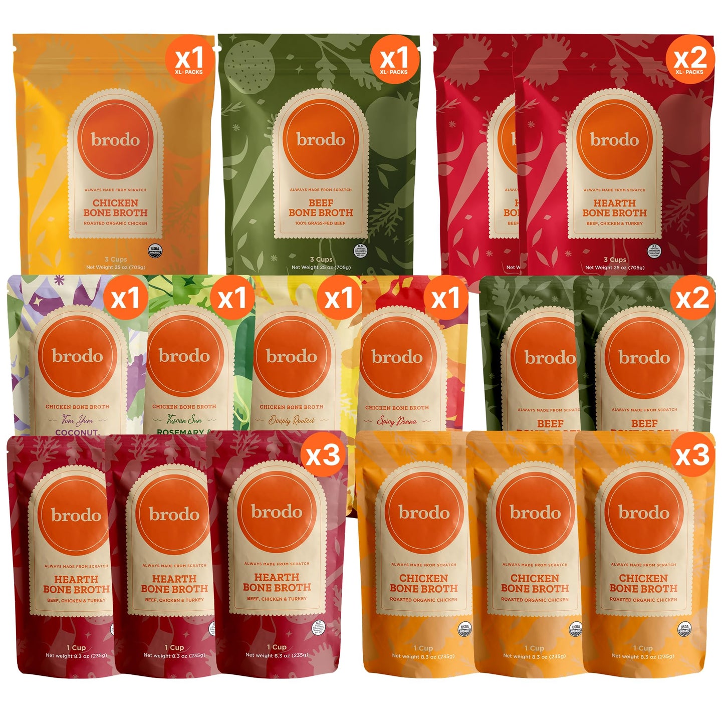 Brodo Bone Broth Bundle, Single-Serve and 25 oz Classic Packs, 12 x 8.3 oz and 4 x 25 oz (24 Cups Total)