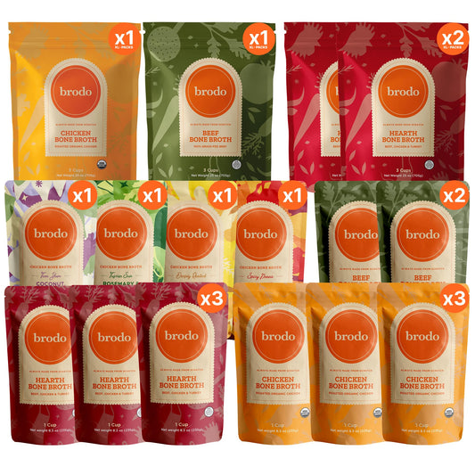 Brodo Bone Broth Bundle, Single-Serve and 25 oz Classic Packs, 12 x 8.3 oz and 4 x 25 oz (24 Cups Total)